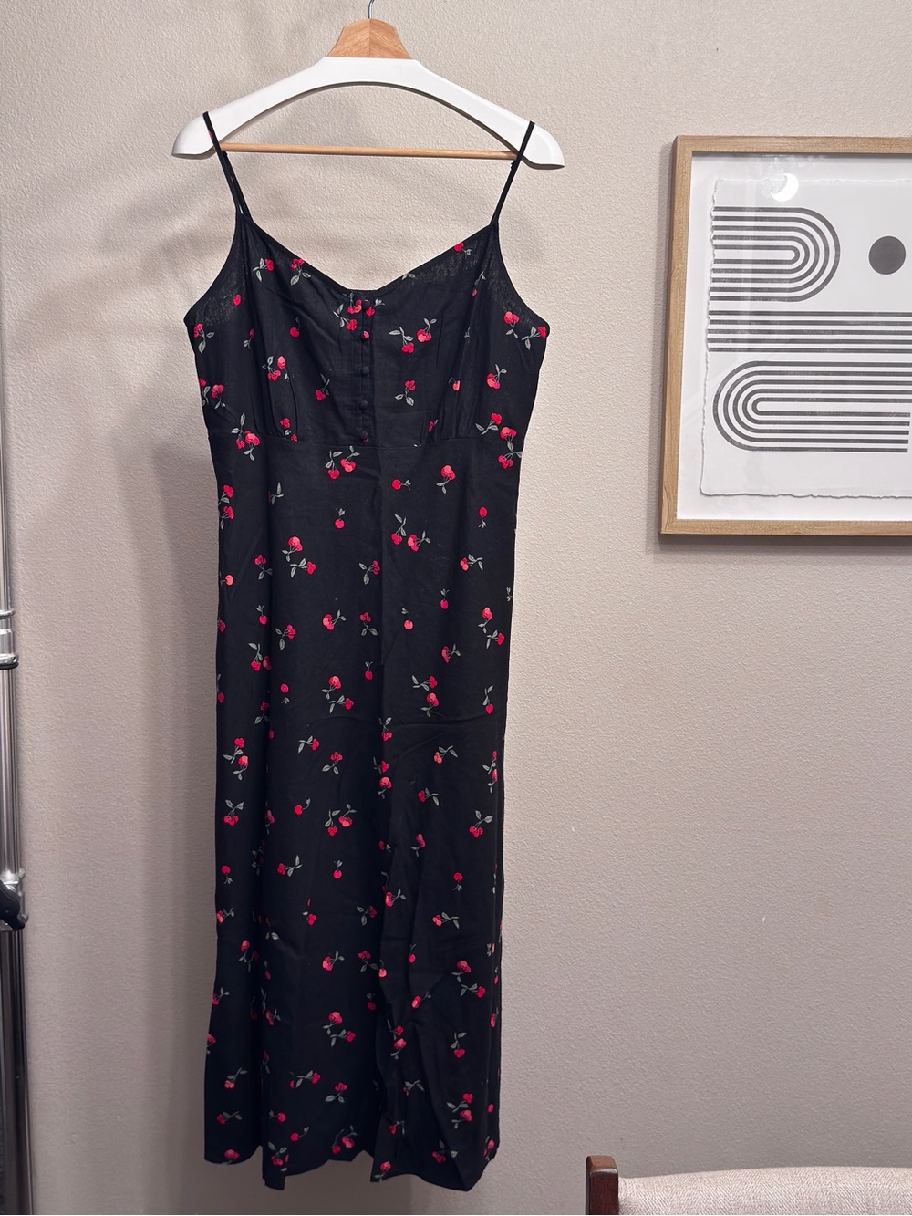 GAP Black Midi Slip Dress with Red Cherry Print